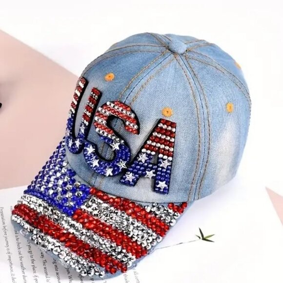 USA Rinestone Denim Ladies or Teens Hat / Cap Beautiful Designed Patrotic "NEW" - Picture 1 of 5